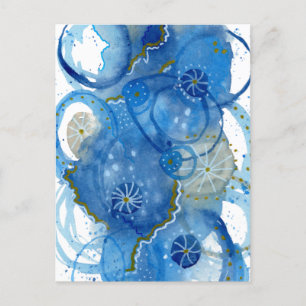 Blauer abstrakter Wasserfarben-Doodle Postkarte