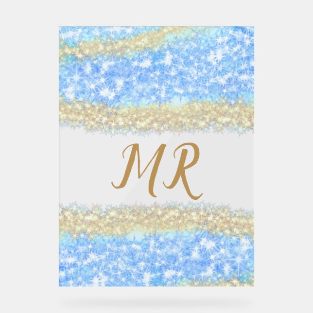 Blauer agate Gold Glitzer funkelnder Monogramm-Nam Acrylschild (Vorderseite)