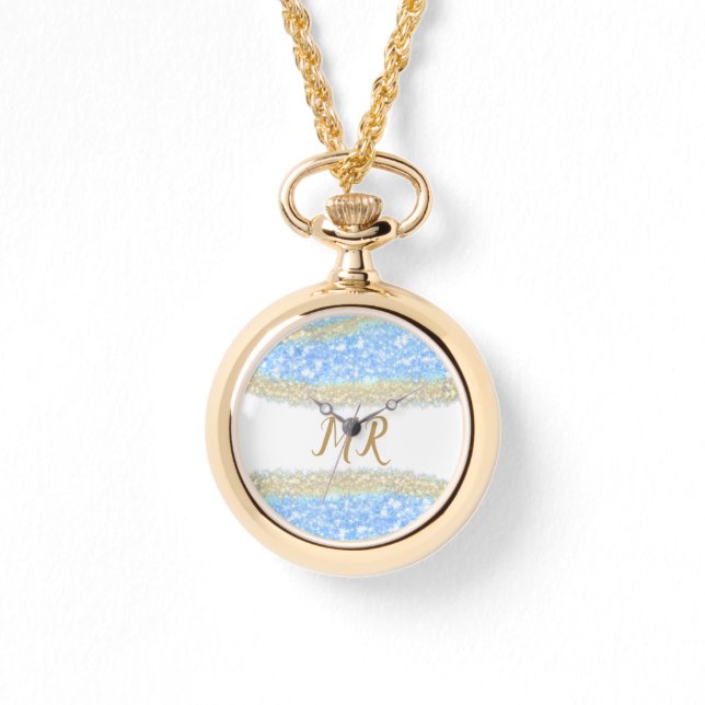 Blauer agate Gold Glitzer funkelnder Monogramm-Nam Armbanduhr (Vorderseite)