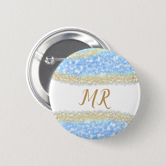 Blauer agate Gold Glitzer funkelnder Monogramm-Nam Button (Vorne & Hinten)