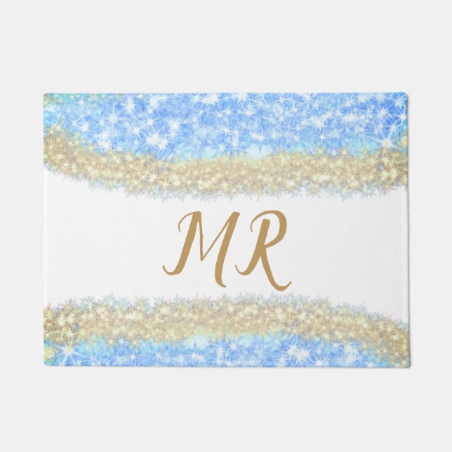 Blauer agate Gold Glitzer funkelnder Monogramm-Nam Fußmatte (Vorderseite)