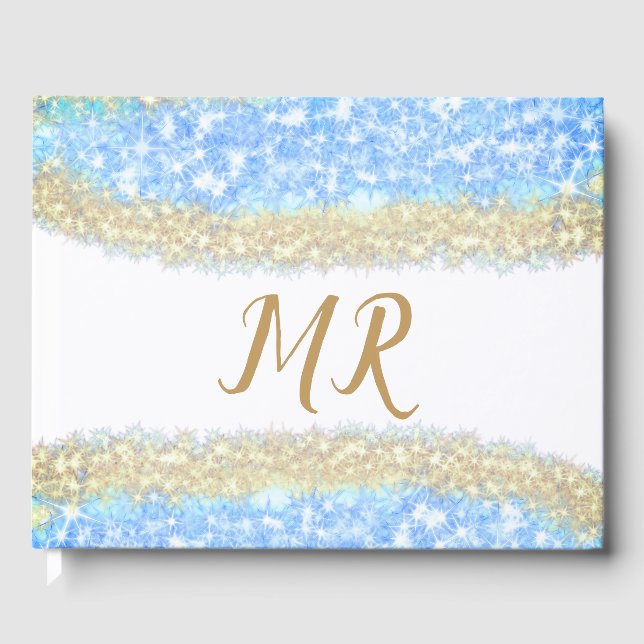 Blauer agate Gold Glitzer funkelnder Monogramm-Nam Gästebuch (Vorderseite)