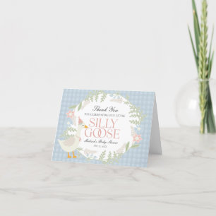 Blauer Albern Gänse Gingham Baby Dusche Dankeskarte
