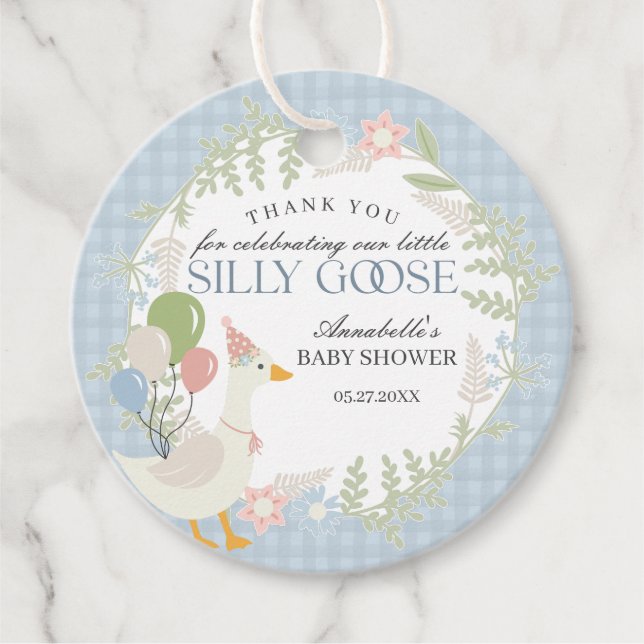 Blauer Albern Gänse Gingham Baby Duschfavoriten Geschenkanhänger (Vorderseite)