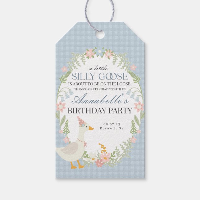 Blauer Alberner Gänse Floral Gingham Birthday Favo Geschenkanhänger (Vorderseite)