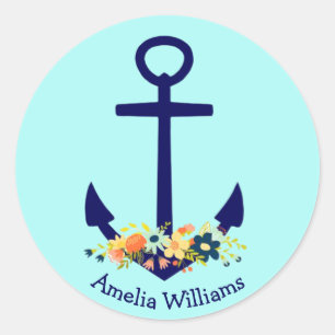 blauer Anker mit Blumenstrauß Runder Aufkleber