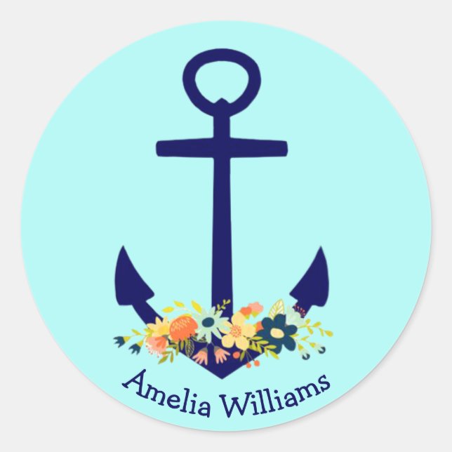 blauer Anker mit Blumenstrauß Runder Aufkleber (Vorderseite)