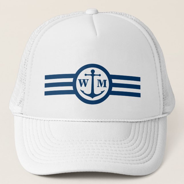 Blauer Anker-Monogramm-Logo-Hut Truckerkappe (Vorderseite)