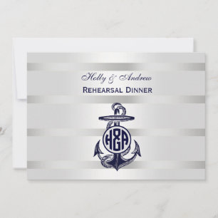 Blauer Anker Silber Weiß Marine Kreis Monogramm 33 Einladung