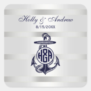 Blauer Anker Silber Weiß Marine Kreis Monogramm 33 Quadratischer Aufkleber