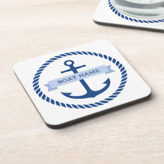 Blauer Anker und Name des Seilgrenzenbootes auf de Getränkeuntersetzer