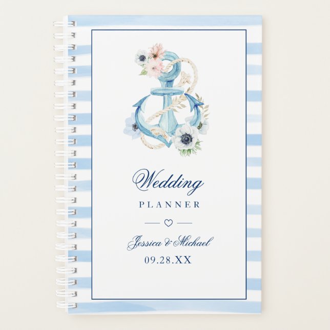 Blauer Anker Wasserfarbe Blaue Streifen Hochzeit Planer (Vorderseite)
