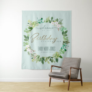 BLAUER AQUA BLUE FOLIAGE WATERCOLOR GEBURTSTAG WIL WANDTEPPICH