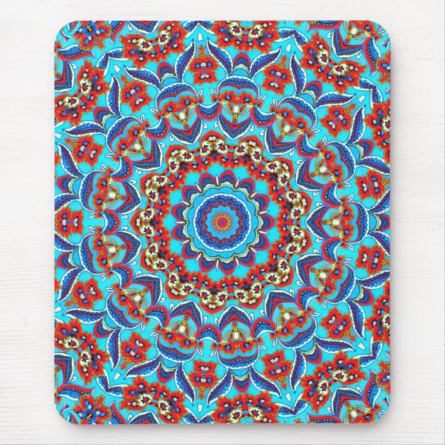 Blauer Aquamariner Leaf Floral Mandala Boho Mousepad (Vorne)