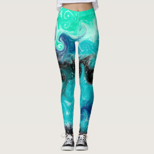 Blauer, Aquamariner und schwarzer Flüssig-Kunstmar Leggings