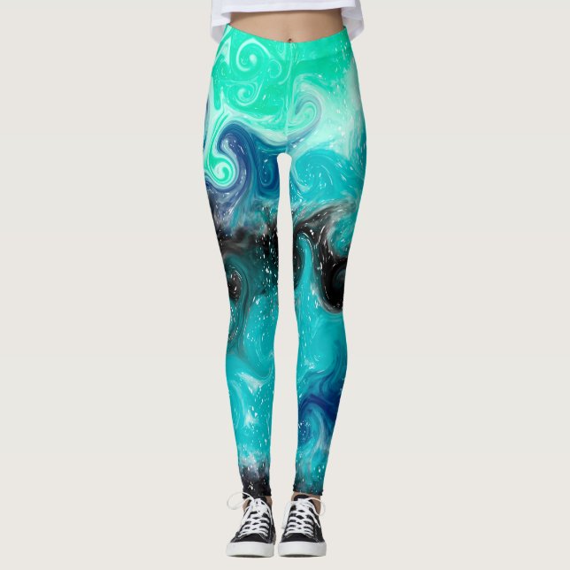 Blauer, Aquamariner und schwarzer Flüssig-Kunstmar Leggings (Vorderseite)