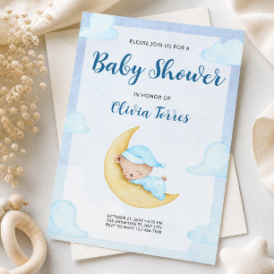 Blauer Aquarell-Teddybär auf dem Mond-Baby-Party Einladung