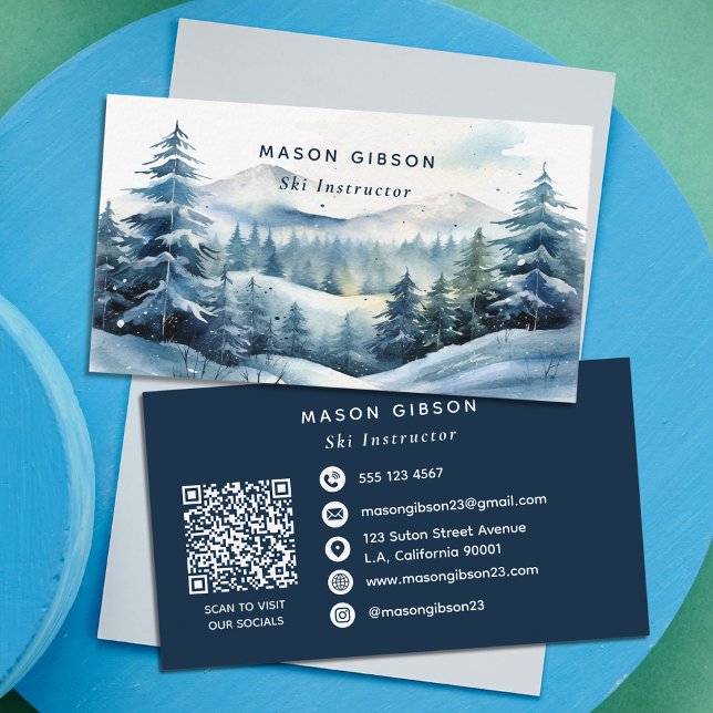 Blauer Aquarell-Winter-Bergwald-Ski-QR-Code Visitenkarte (Von Creator hochgeladen)