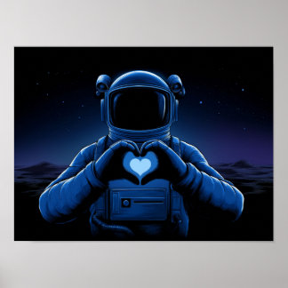 Blauer Astronaut macht Herzzeichen auf dem Alien-M Poster