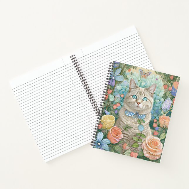 Blauer Augenkatze mit Blume Notebook Notizbuch (Innenseite)