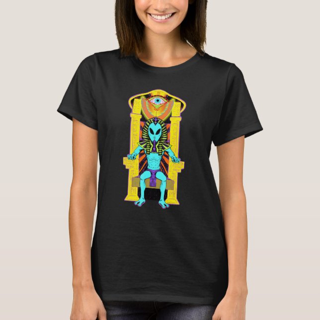 Blauer Außerirdischer auf Thron T-Shirt (Vorderseite)