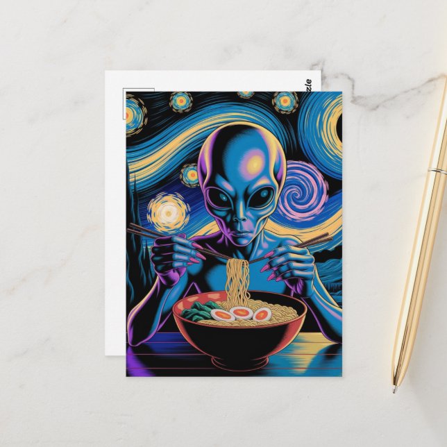 Blauer Außerirdischer isst Ramen Postkarte (Vorderseite/Rückseite Beispiel)