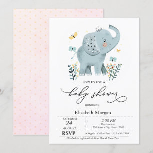 Blauer Baby-Elefant-Schmetterling-Punkte-Baby-Dusc Einladung