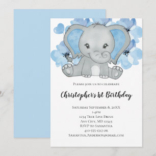 Blauer Baby Junge Elefant Blumen Luftballons Gebur Einladung