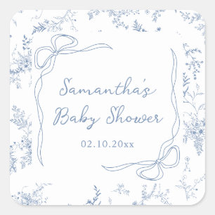 Blauer Baby Shower Blumen-Bowdenzug Quadratischer Aufkleber