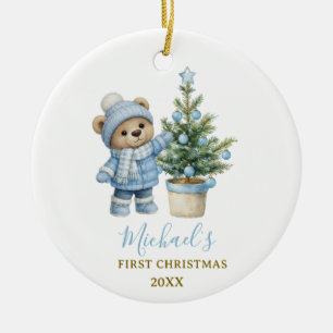 Blauer Babybär zum ersten Weihnachten Andenken Keramik Ornament