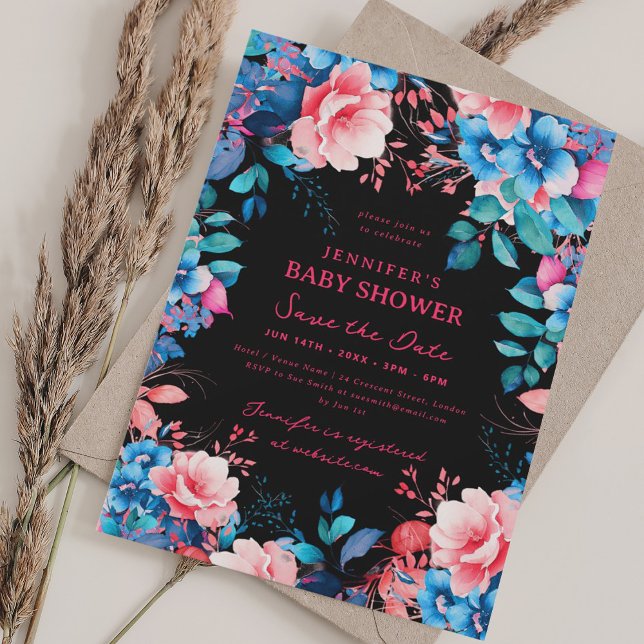 Blauer Babydusche Blauer Rosa Datum speichern Schw Einladung (Floral Baby Shower Blue Pink Save Date Black Invitation)