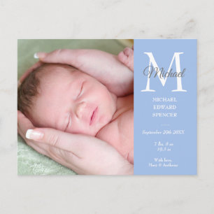 Blauer Babyjunge Initialen Monogramm Foto Danke Postkarte
