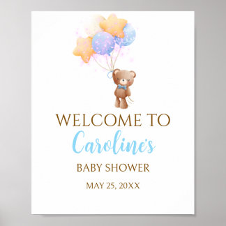 Blauer Ballonbär-Baby-Shower-Willkommensposter Poster