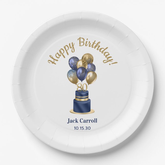 Blauer Ballonkuchen der 80. Geburtstagsnacht Pappteller (Vorderseite)