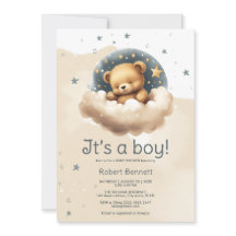 Blauer Bär auf Wolken Babydusche Einladung