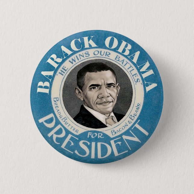 Blauer Barack Obama gewinnt unsere Kämpfe Button (Vorderseite)