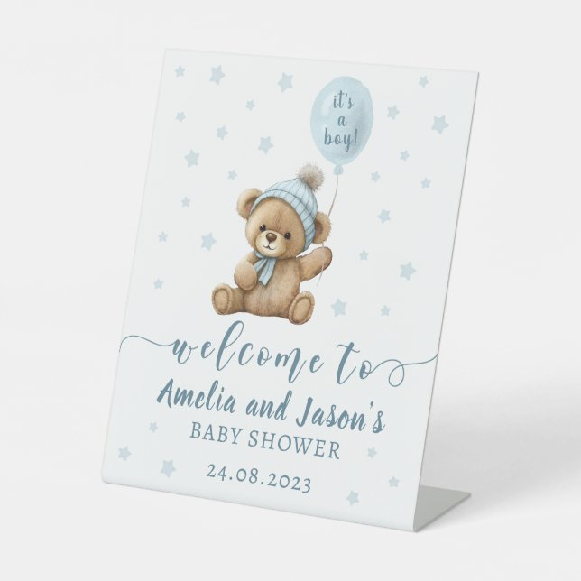 Blauer Bärenballon Baby Dusche Begrüßungszeichen Sockelschild (Vorderseite)