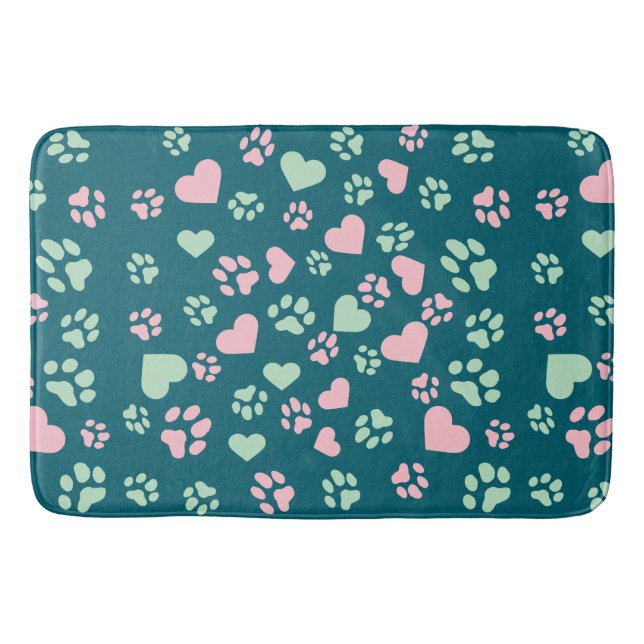 Blauer Bath Mat mit rosa Paw Prints und Herzmuster Badematte (Vorderseite)