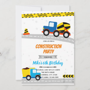 Blauer Bau-Transport-Geburtstag Einladung