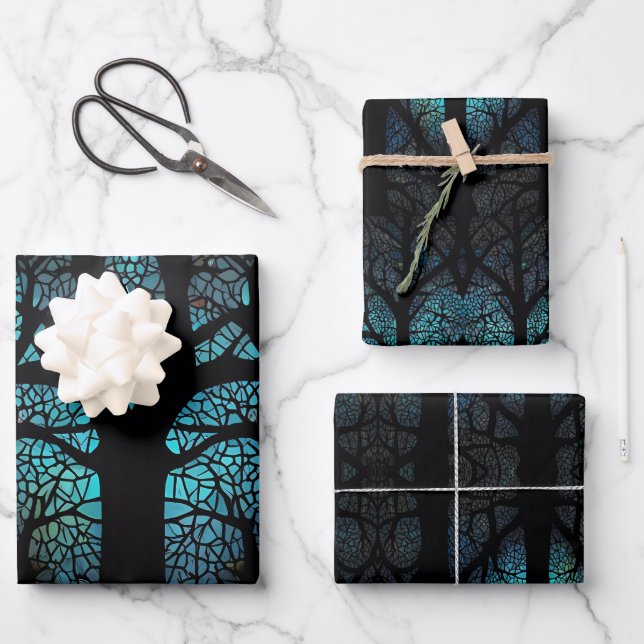 Blauer Baum Geschenkpapier Set (Vorderseite)