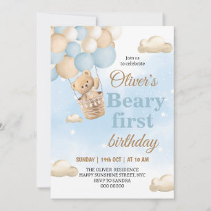 Blauer Beary Erster Geburtstag Einladung