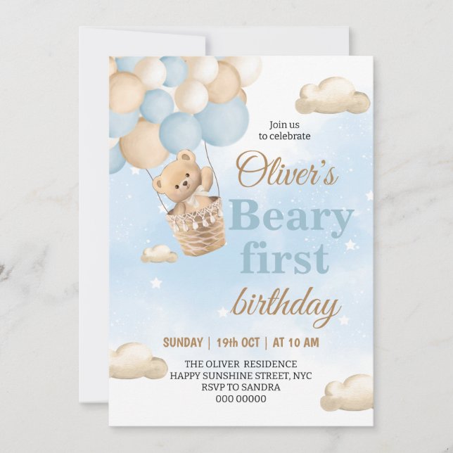 Blauer Beary Erster Geburtstag Einladung (Vorderseite)