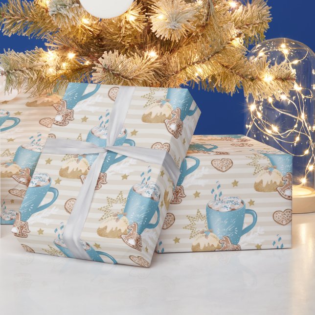 Blauer Becher & Lebkuchen-Keks-Muster Geschenkpapier (Feiertage)