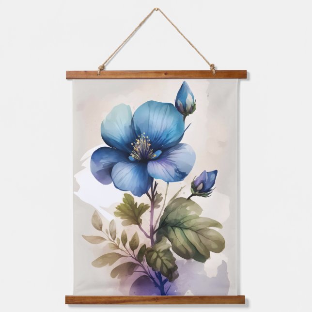 Blauer Bell Blume Wasserfarben Wandteppich Mit Holzrahmen (Vorderseite)