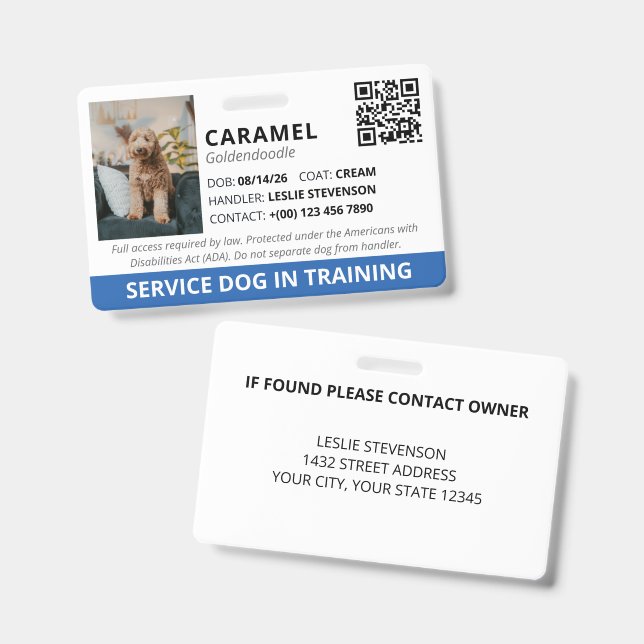 Blauer benutzerdefinierter QR-Code Servicehund in  Ausweis (Vorder- & Rückseite)