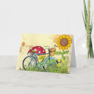 Blauer Bicycle Sonnenblume Roter Pilz Gelber Vogel Karte