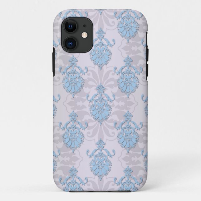 Blauer Blau und silberweißer Damast Case-Mate iPhone Hülle (Rückseite)