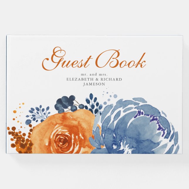 Blauer Blauer Burnt Orange Fall Floral Hochzeit Gästebuch (Vorderseite)