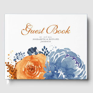 Blauer Blauer Burnt Orange Fall Floral Hochzeit Gästebuch