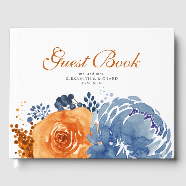 Blauer Blauer Burnt Orange Fall Floral Hochzeit Gästebuch (Vorderseite)